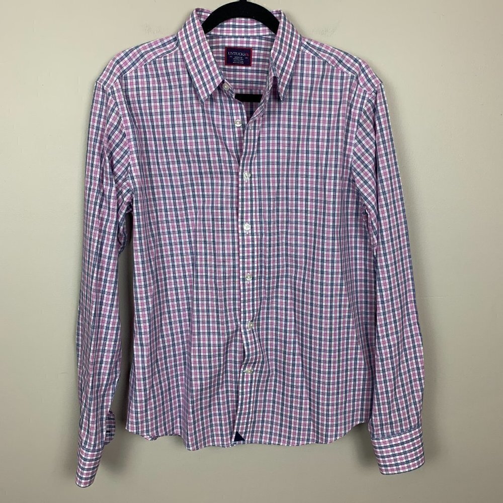 UNTUCKit Navy Blue & Pink Check Long Sleeve Shirt - Medium